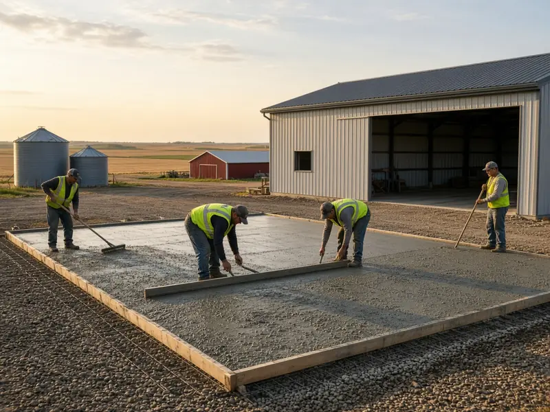 Crew screeding a concrete slab over wire mesh beside a new machine shed, with grain bins, a red barn and fields behind
