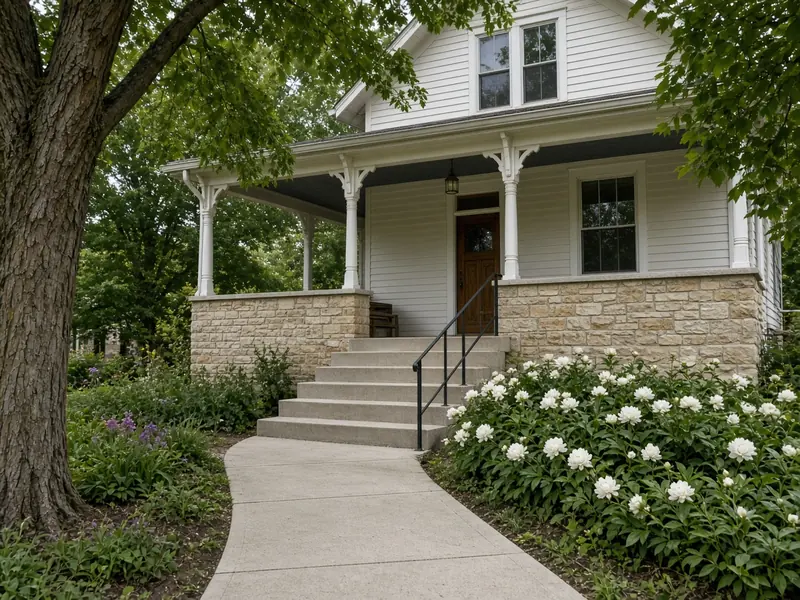 New concrete front walk and steps with a black railing at the porch of an older house with a limestone foundation and white peonies