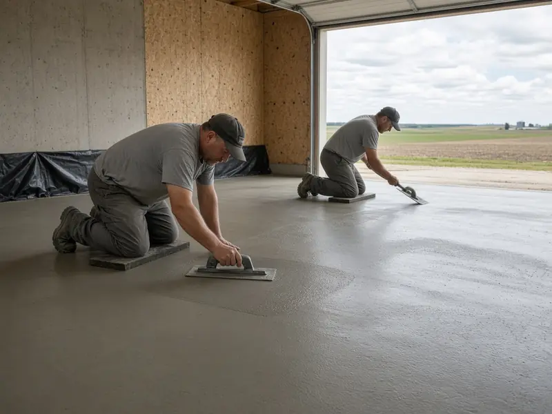 Two finishers on knee boards hand-troweling a new concrete floor inside a garage shop with farmland outside