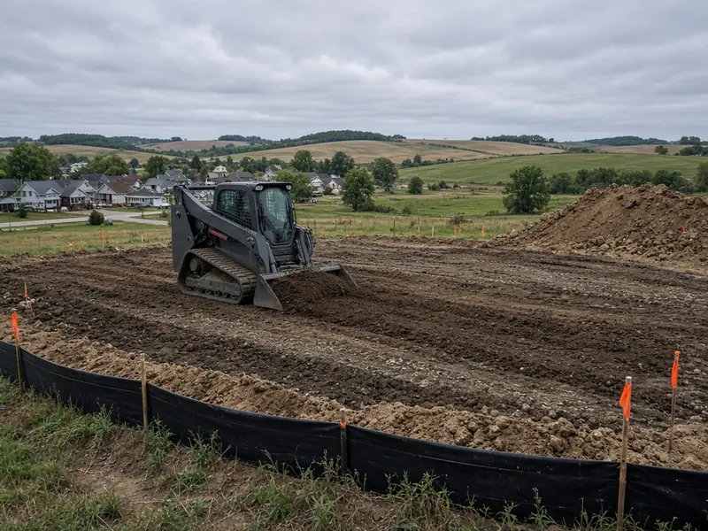 Compact track loader grading a sloping lot for a new slab, with silt fence and flagged stakes, and a small town and rolling fields beyond