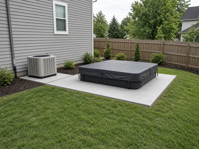 New concrete pads holding a covered hot tub and an air conditioning unit beside a house with gray siding