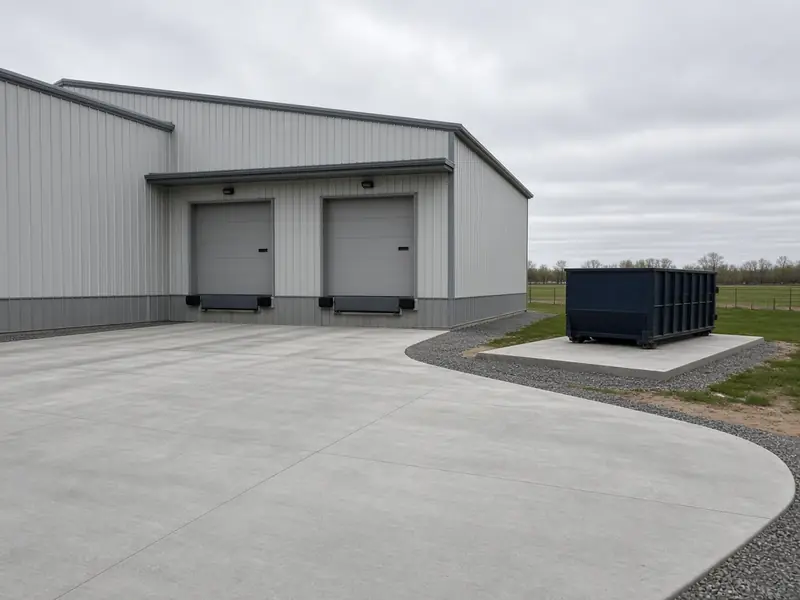 New concrete loading apron at two dock doors of a metal building, with a separate concrete dumpster pad