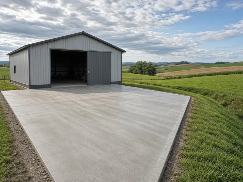 New concrete slab and apron at a steel machine shed, pitched toward a grassy drainage swale, with rolling fields behind