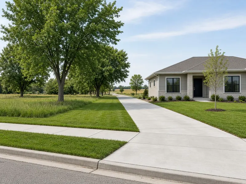 New concrete driveway from the street curb to a new single-story home, crossed by a new public sidewalk, with farm fields at the end of the street