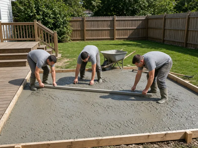 Three workers screeding wet concrete for a backyard patio extension next to a wooden deck, with a wheelbarrow and a privacy fence behind