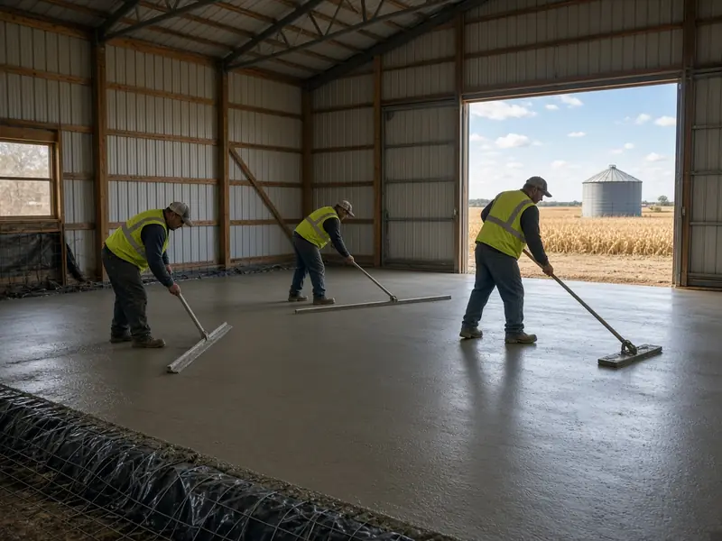 Three workers screeding and floating a fresh concrete floor inside a steel-sided pole barn, the big door open to harvested cornfields and a grain bin