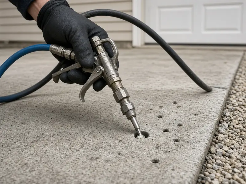 Gloved hand injecting polyurethane foam through a small drilled port in a settled concrete slab