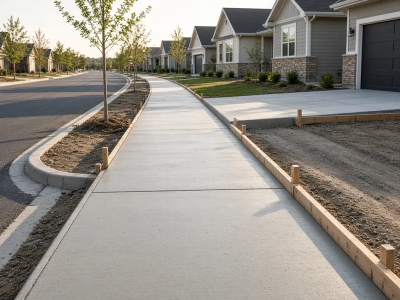 New five-foot public sidewalk along a new subdivision street, with forms still in place and young street trees