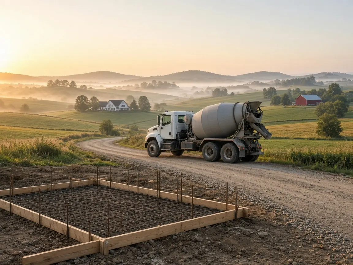 Ready-mix truck on a gravel road through rolling farmland at sunrise, with forms and rebar for a new barn slab in the foreground