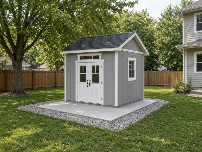 Gray garden shed on a new concrete pad slightly larger than its footprint, edged with crushed stone in a fenced backyard