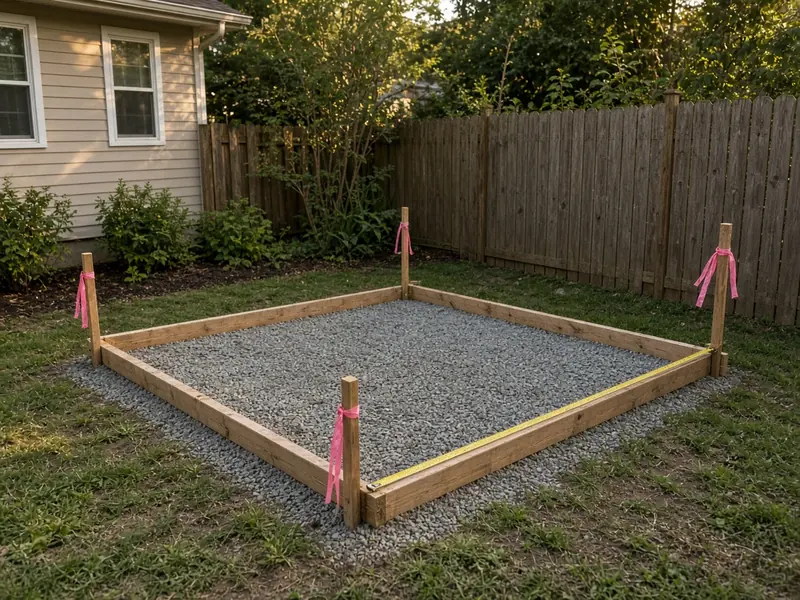 Wooden forms over compacted gravel for a shed pad in a fenced backyard, with flagged stakes and a tape measure along the form