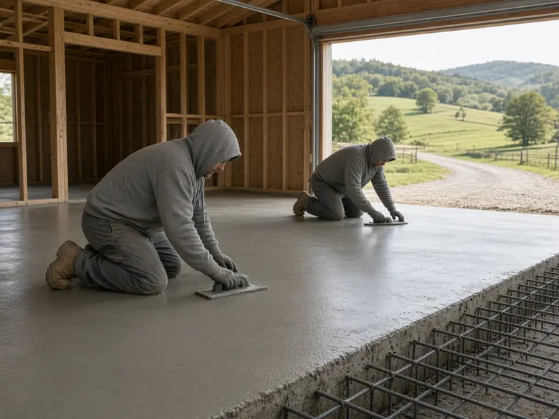 Two workers hand-floating a fresh concrete floor inside a new wood-frame shop, the big door open to pasture and a gravel lane