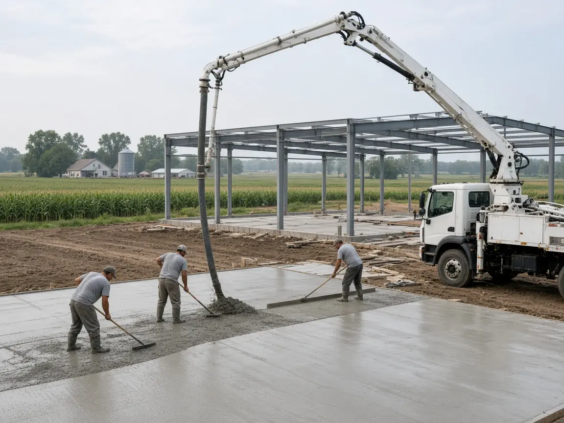 Concrete pump truck boom placing concrete for a large shop slab on an acreage while three workers rake and screed, with cornfields and a farmstead behind