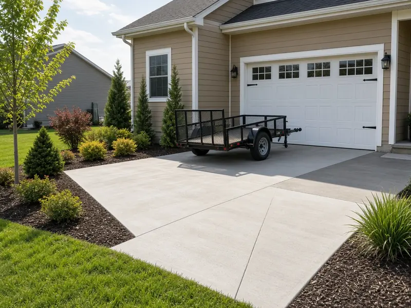 New concrete side pad beside a driveway with a small utility trailer parked on it next to a two-car garage