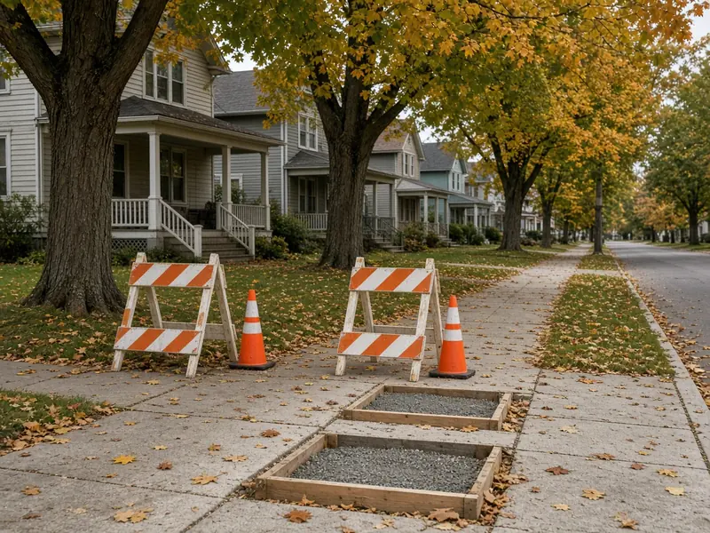 Striped barricades and cones closing a public sidewalk where two squares were removed and formed for replacement on an older tree-lined street