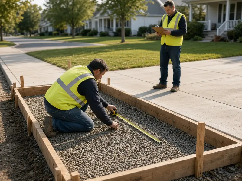 Worker in a safety vest measuring form depth over a gravel base for replacement public sidewalk panels while a second man with a clipboard looks on