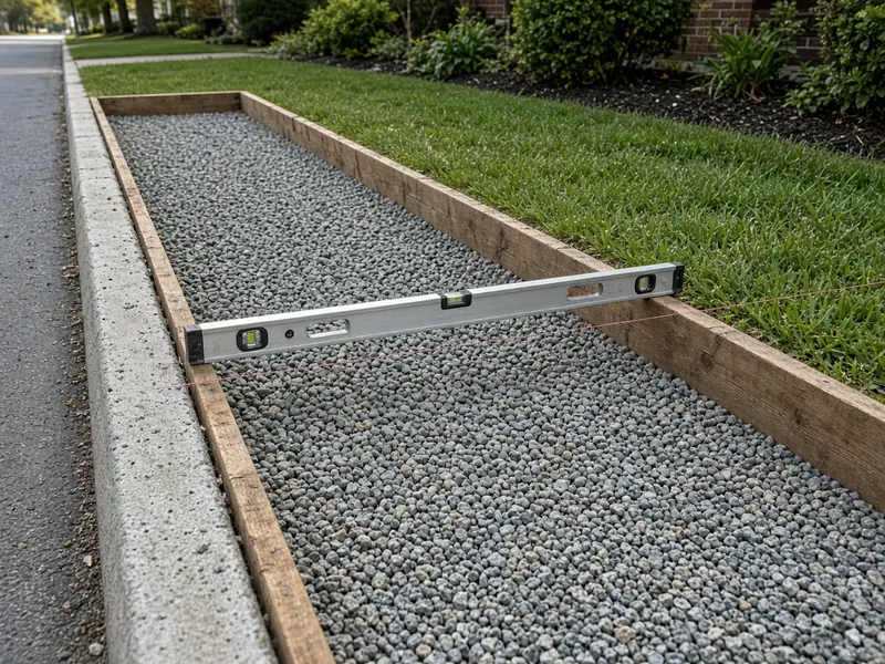 Sidewalk form beside the curb filled with clean coarse gravel, with a string line and a level resting across the forms