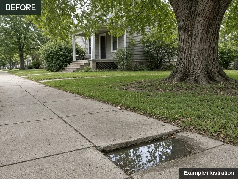 Example illustration: a sunken public sidewalk panel with a trip edge and standing water