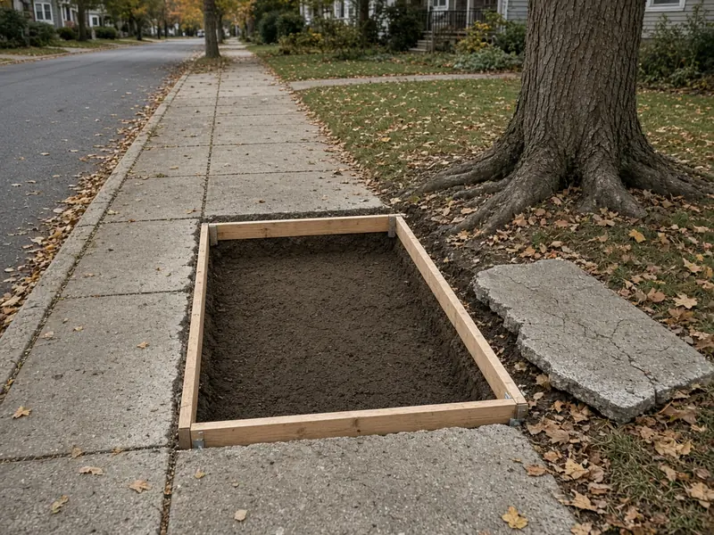 One public sidewalk square removed and new wooden forms set on the prepared subgrade, with the broken slab on the grass beside a street tree