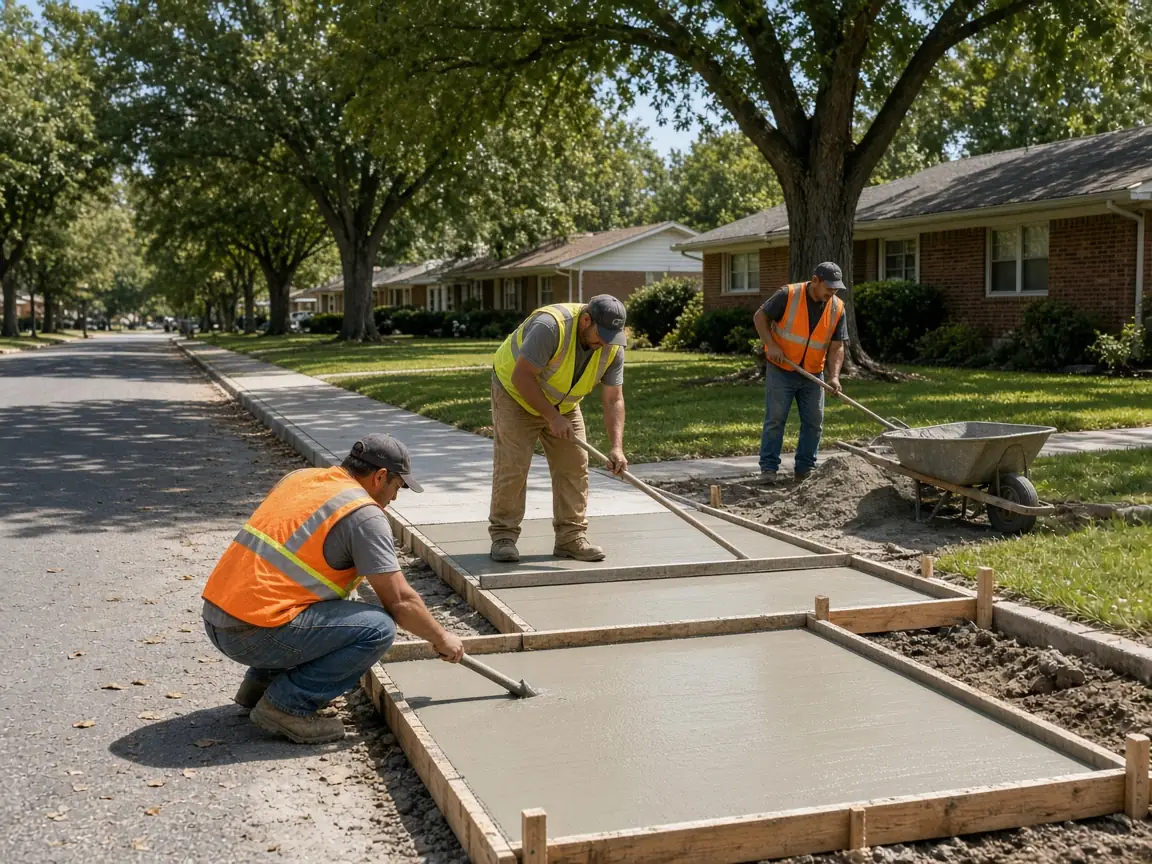 Three workers in safety vests placing and screeding new public sidewalk squares on a street of 1950s brick ranch homes with mature trees