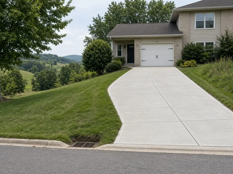 New concrete driveway with control joints climbing a slope from the street to a garage, with a storm drain inlet at the curb and hills behind