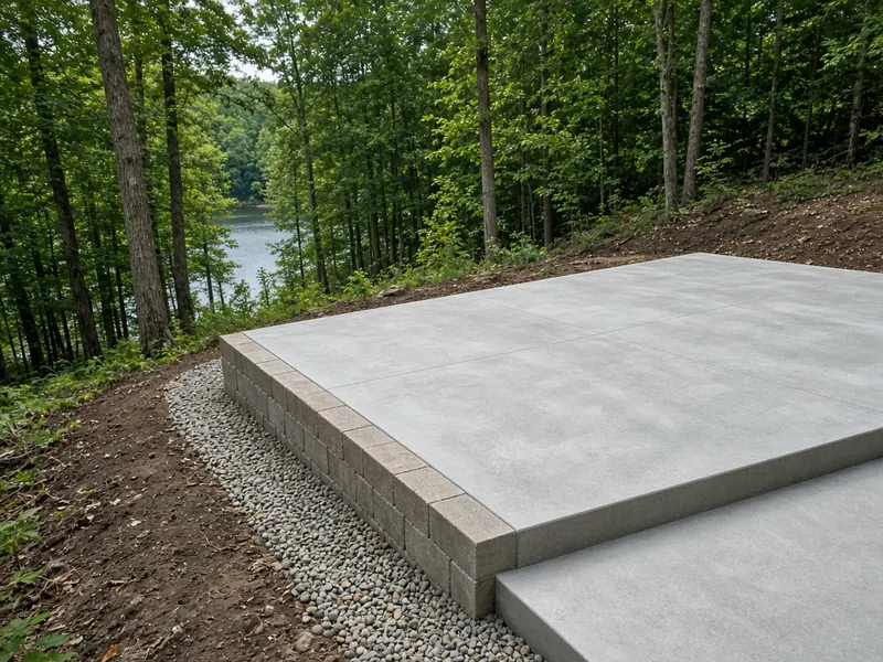 New concrete patio on a sloping wooded lot with a step down, a block retaining edge and a gravel drain, with lake water through the trees