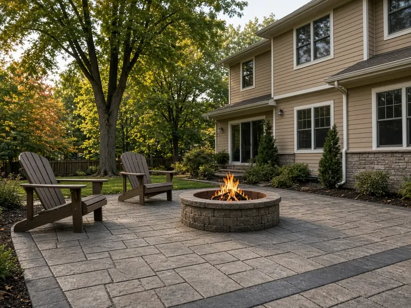 Sealed stamped concrete patio in a gray ashlar slate pattern with a darker border band, a stone fire pit and two Adirondack chairs behind a two-story home with tan siding