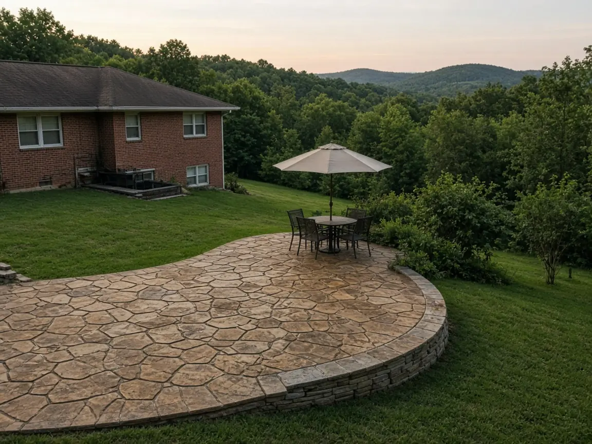 Curved stamped concrete patio in a tan stone pattern with a low stone edge and a table and umbrella, behind a brick ranch home above rolling wooded hills