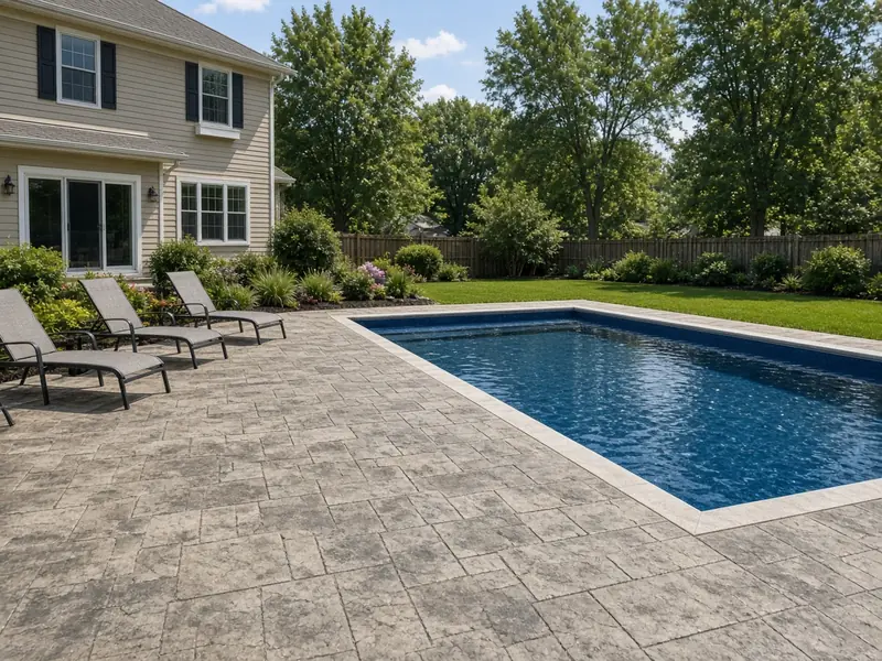 Stamped concrete pool deck in a gray slate pattern around a backyard pool with lounge chairs