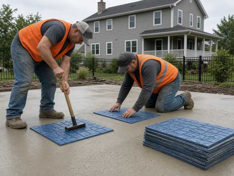 Two workers in orange safety vests pressing blue texture mats into fresh concrete on a backyard patio pour, with a stack of stamp mats beside them