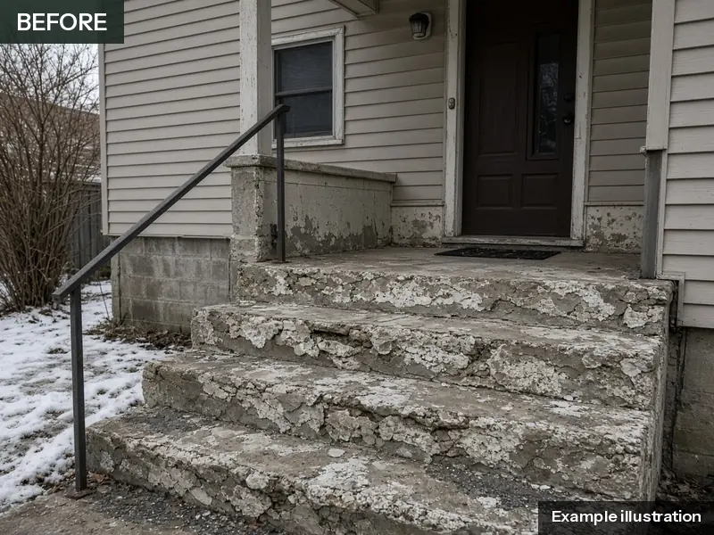 Example illustration: salt-scaled front steps with flaking, pitted concrete