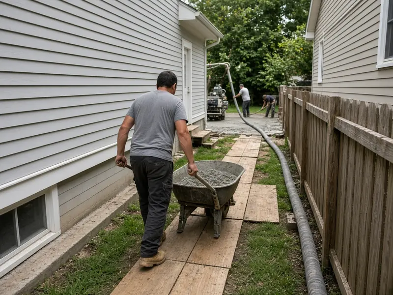 Worker wheeling concrete over plank boards along a narrow side yard between two houses toward a backyard pour, with a pump hose along the fence