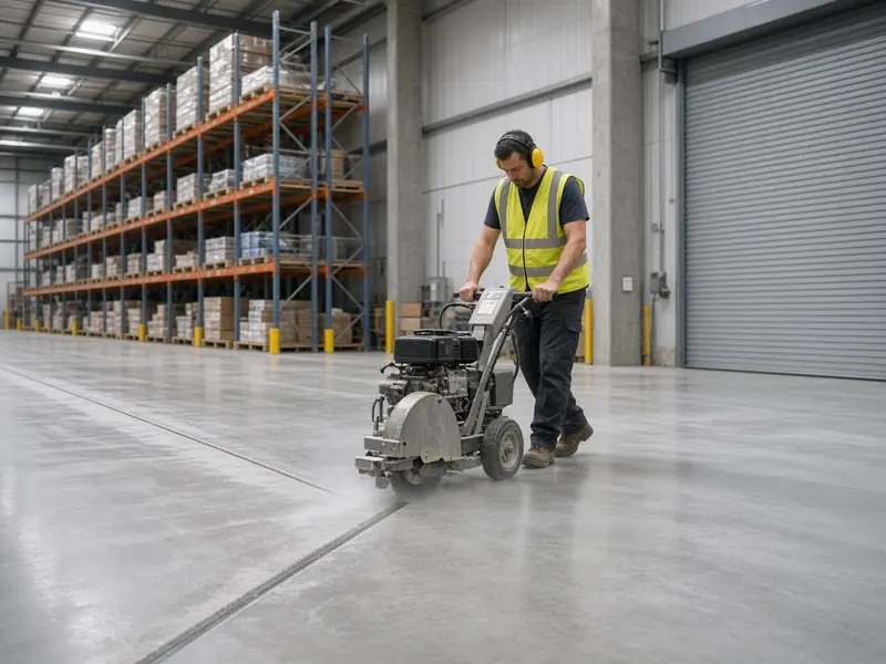 Worker walking a concrete saw to cut a straight control joint in a new warehouse floor beside pallet racking and a roll-up door