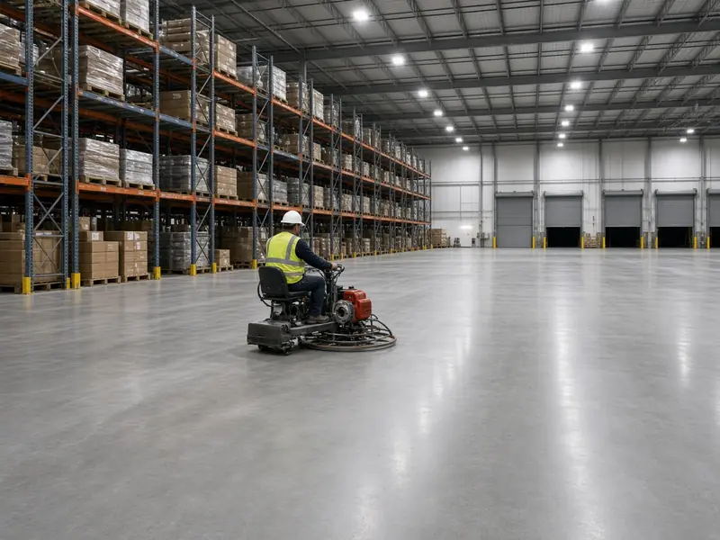 Worker running a ride-on power trowel across a new warehouse floor slab beside tall storage racks