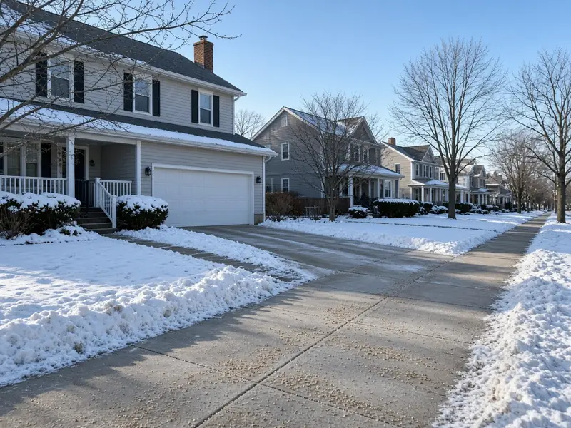 Shoveled concrete driveway and sidewalk with sand for traction between snowbanks on a sunny winter morning